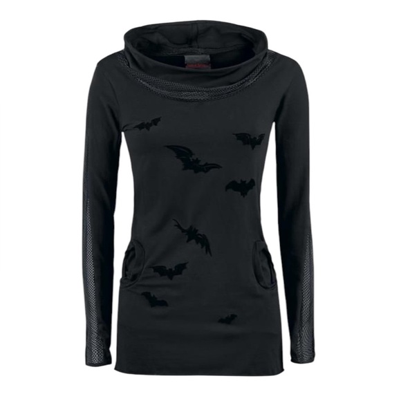Queen Of Darkness Black Long Mesh Inset Sleeve Cowl Neck Mini Dress - Picture 1 of 14